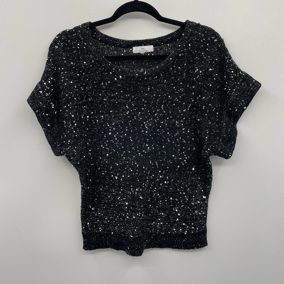 Halston black sparkle short sleeve top - Picture 1 of 8